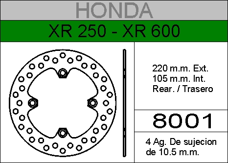 DISCO FRENO HONDA 250/600 XR....HIERRO.TRAS.HD8001