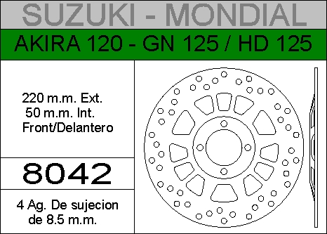 DISCO FRENO MONDIAL 125HD/GN125.HIERRO.DEL..HD8042